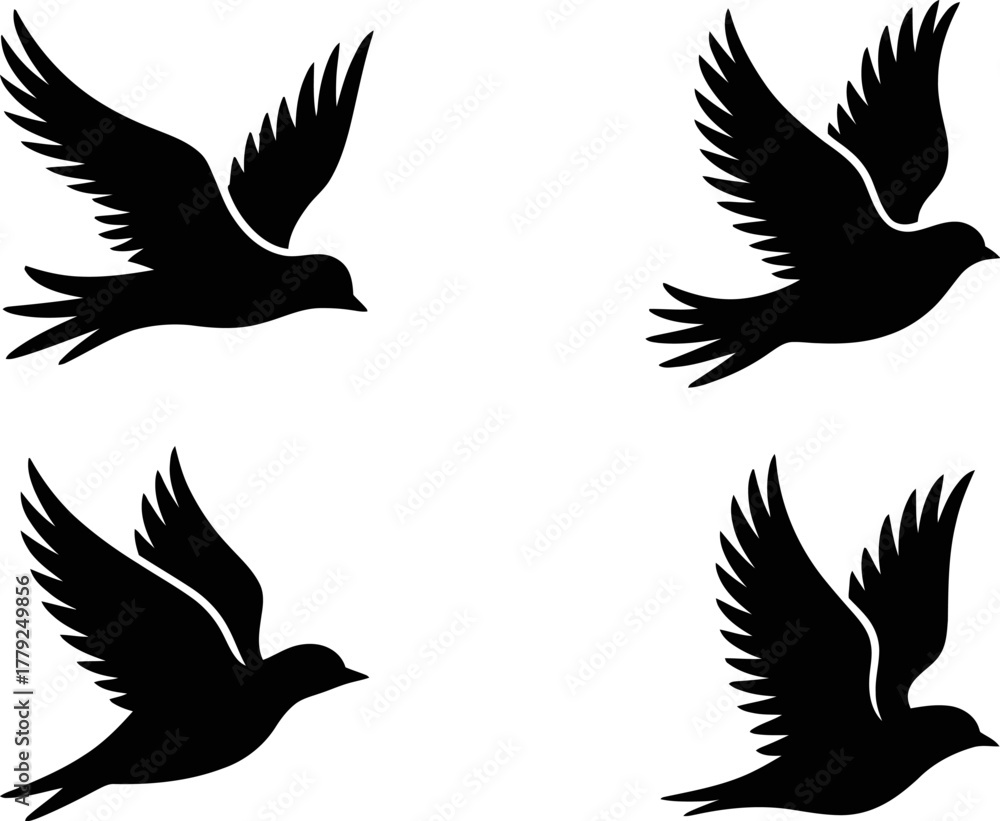Fototapeta premium Four silhouette illustrations of birds in flight, conveying freedom and peace.
