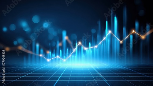 Financial budget planning concept. A dynamic, digital representation of a financial graph, showcasing upward trends with vibrant blue tones against a grid background.