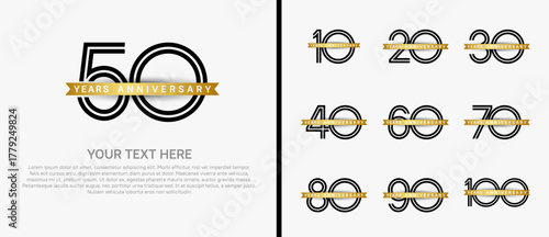 anniversary logo set with golden ribbon. black number on white background for celebration moment