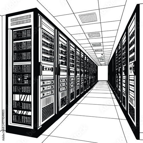 A black and white line drawing of a server room with rows of server racks and a tiled ceiling and floor