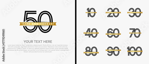 anniversary logo set with golden ribbon. black number on white background for celebration moment