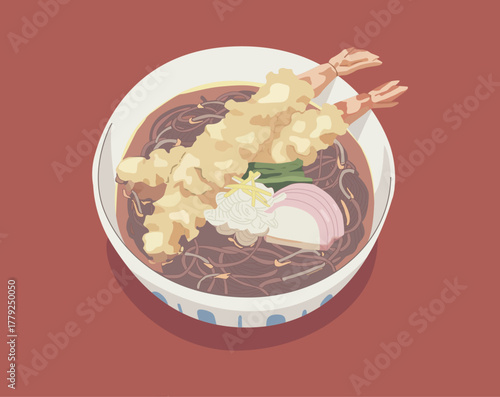 buckwheat noodles topped with tempura, Eat Shrimp Soba at a Japanese Soba Shop