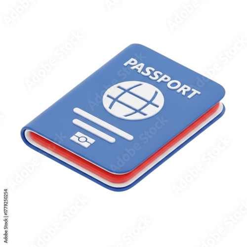 Isolated 3D icon of a biometric passport, representing international travel, citizenship, immigration, and official identification for a global journey