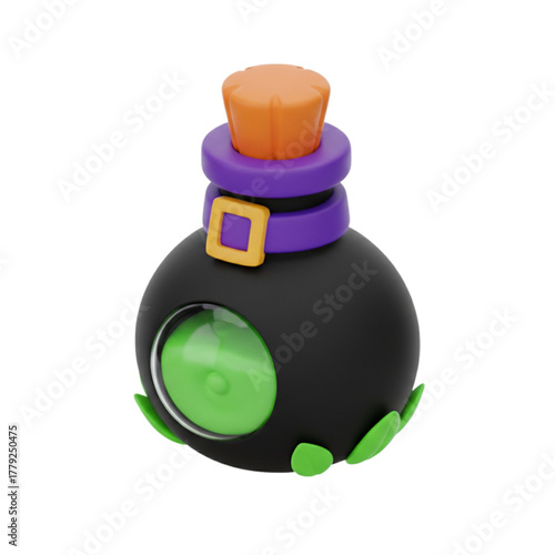 Whimsical Halloween potion bottle with orange cap and green swirling liquid, perfect for spooky-themed designs