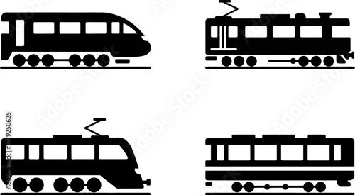 Collection of stylized train icons representing different modes of transport.