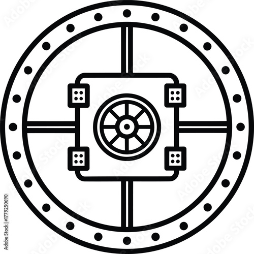 Illustration of a round vault door with a central wheel and a bolted circular frame in black and white