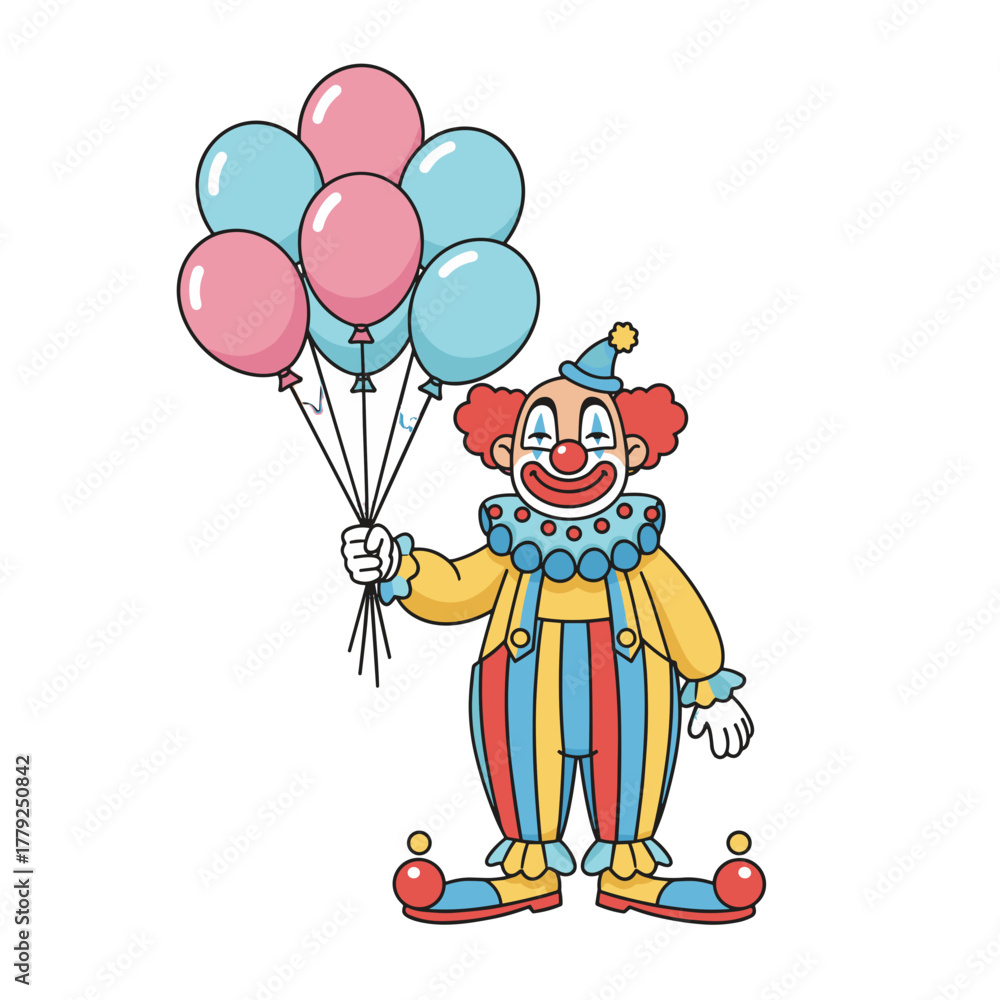 Obraz premium A Cheerful Cartoon Clown Character Wearing A Colorful Jumpsuit And A Party Hat Holding A Bunch Of Pink And Blue Balloons Against A Black Background