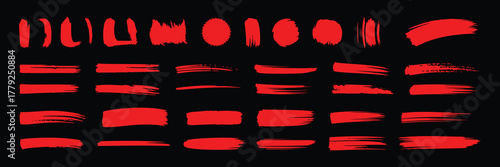 Collection of red brush stroke elements and circles on a black background, abstract art