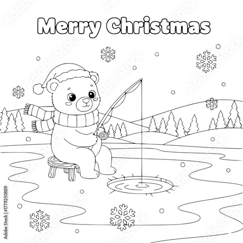 Bear cub ice fishing on frozen lake with “Merry Christmas,” coloring book page for toddlers Generative AI