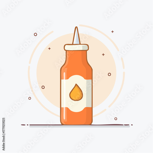 Orange squeeze bottle with label and drop icon containing yellow liquid on a light cream background with graphic elements
