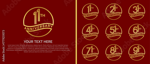 anniversary logo set with circle. gold color on red background for celebration moment