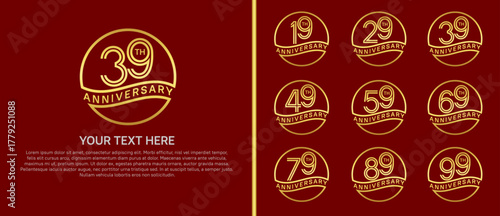 anniversary logo set with circle. gold color on red background for celebration moment