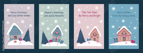 Set of Winter holiday postcards with cozy home and Christmas decorations