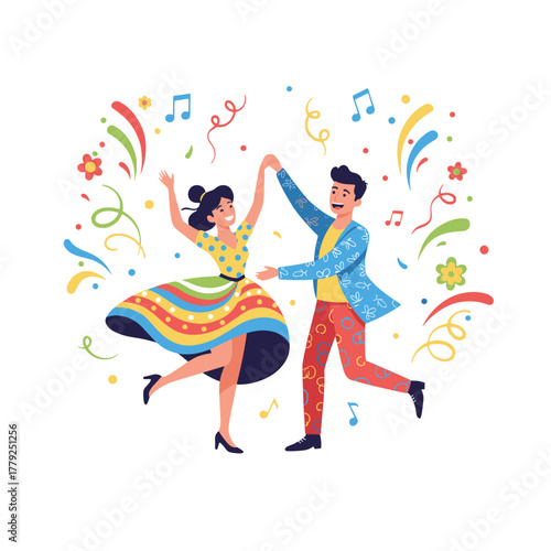 A Jubilant Couple Dances Merrily Amidst Colorful Confetti and Musical Notes Celebrating a Festive Occasion with Joyful Expressions and Vibrant Attire