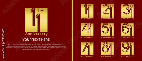 anniversary logo set with square. gold color on red background for celebration moment