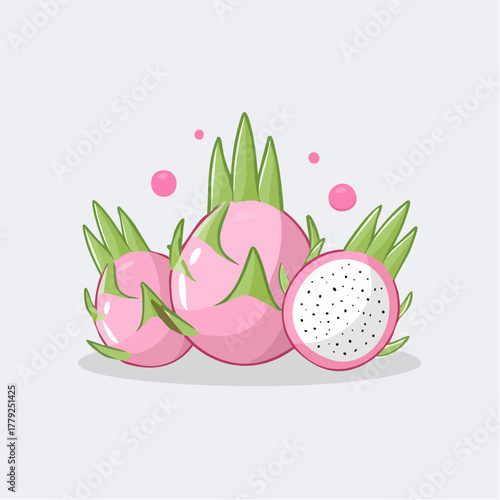 Pixel Art Dragon Fruit Arrangement Vibrant Pink and Green Healthy Tropical Fruit Display with Light Gray Background