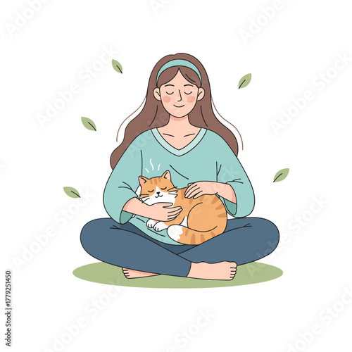 A Serene Young Woman With Brown Hair Meditating While Holding A Tabby Cat In Her Lap Surrounded By Falling Leaves With A Calm Expression On Her Face And Wearing A Blue Top And Blue Pants