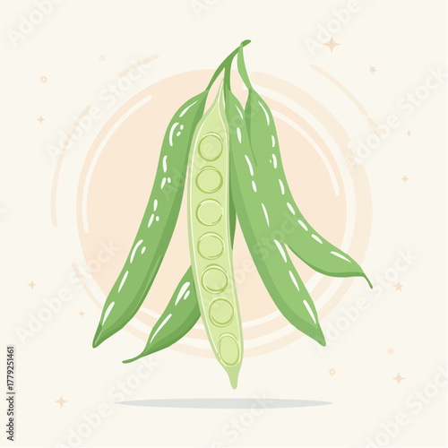 Open Green Pea Pod Showing Round Seeds Against a Light Peach Circular Background with Star Accents