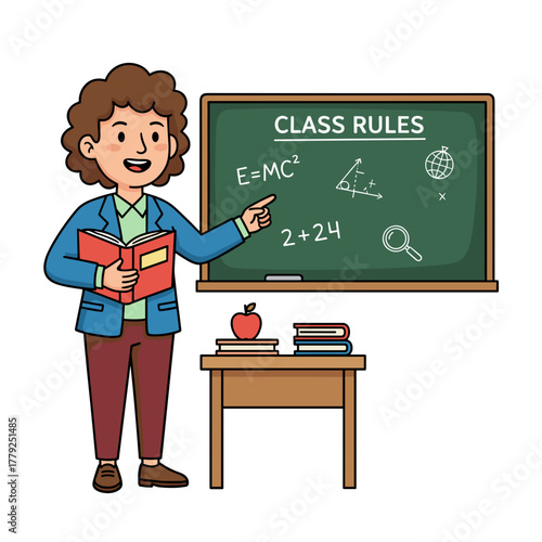 A smiling diverse student in a blue jacket holding a red book stands in front of a chalkboard with class rules and scientific equations written on it
