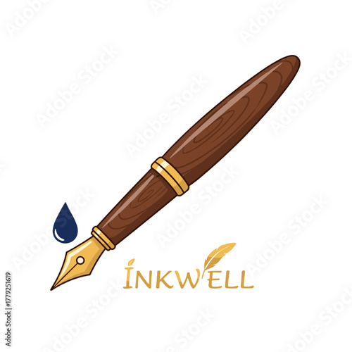 A vintage wooden fountain pen with a gold nib and ink droplet beside the word Inkwell in yellow text on a black background