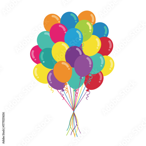 A vibrant collection of multicolored balloons tied together with ribbons and streamers floating against a black background creating a festive and celebratory atmosphere