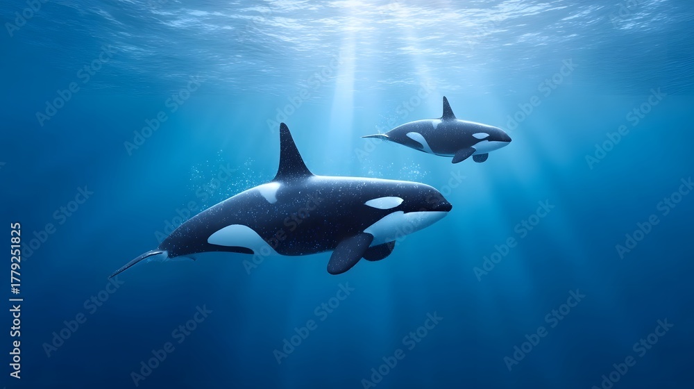 Obraz premium Two powerful killer whales an orca and its calf navigate the deep blue ocean illuminated by ethereal sunbeams filtering from the surface