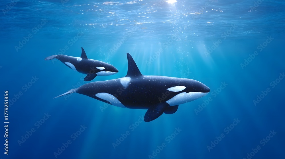 Obraz premium Two powerful orcas a marine mammal species glide through the clear blue ocean waters bathed in ethereal sunbeams creating a serene and majestic underwater scene of natural beauty