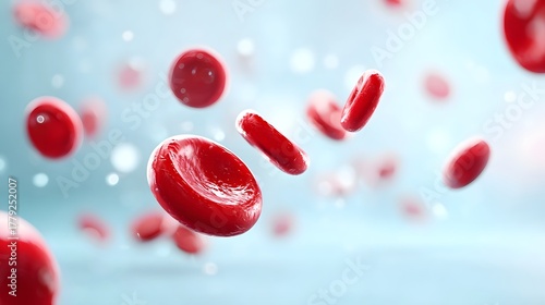 Close up 3D illust n showcasing red blood cells erythrocytes in motion set against a softly blurred blue background with light speckles representing biology health and vital bodily functions
