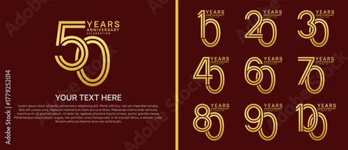 anniversary logo set multiple line style. gold color on red background for celebration moment