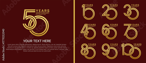 anniversary logo set multiple line style. gold color on red background for celebration moment