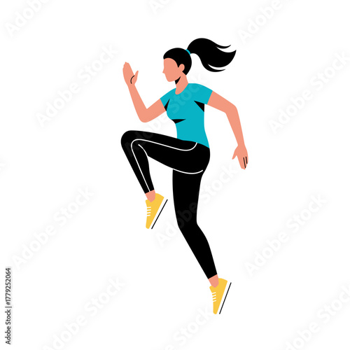 Athletic Woman Performing High Knees Exercise in Dynamic Motion Blue Teal T-Shirt Black Shorts Yellow Sneakers White Skin Tone With Black Hair Bun on Black Background