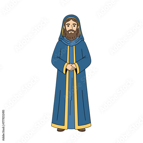 A cartoon man dressed in a blue hooded robe with yellow trim stands with hands clasped in prayer against a black background.