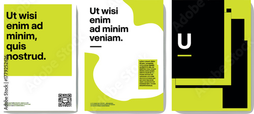 Modern Minimalist Brochure Design Concepts Featuring Bold Typography and Geometric Shapes in Green and Black Color Palette