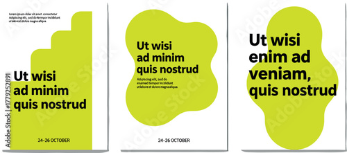 Abstract geometric shapes in vibrant lime green adorn minimalist posters with striking typography