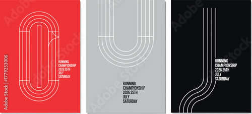 Vibrant Event Promotion Design for a Running Championship, Featuring Bold, Abstract Track Art in Red, Grey, and Black Tones