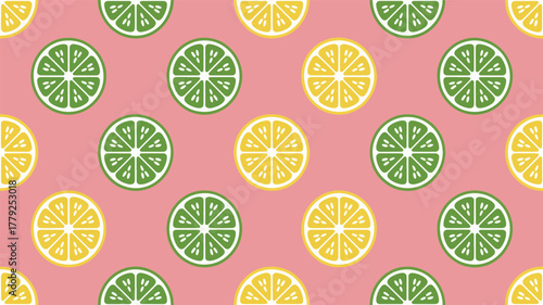 Seamless pattern of lemon and lime slices on a pink background, fresh and vibrant