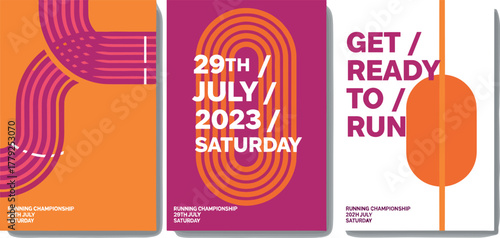 Abstract athletic event promotional flyer collection with a focus on running, using modern typography and a vibrant design concept