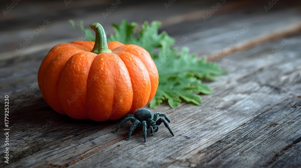 Close up of a small vibrant orange Halloween pumpkin beside a toy spider on an aged distressed wooden table with soft green leaves blurred in the background creating a thematic fall atmosphere