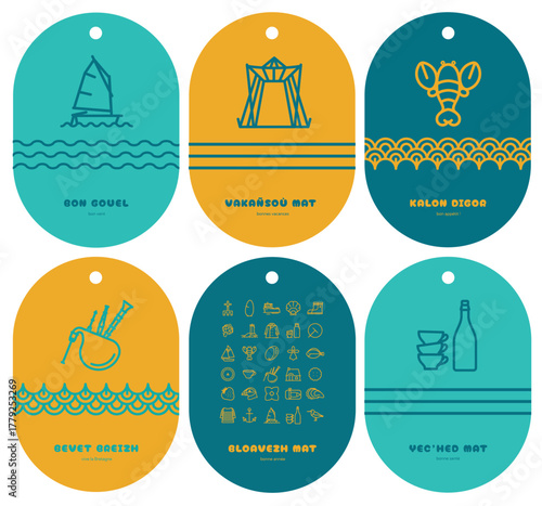 Illustration vectorielle voeux 2026. Collection de cartes postales 2026. Bretagne, breton, expression bretonne, langue bretonne, fête, vœux, souhait, étiquettes, cadeaux, offrir, boutique, souvenir