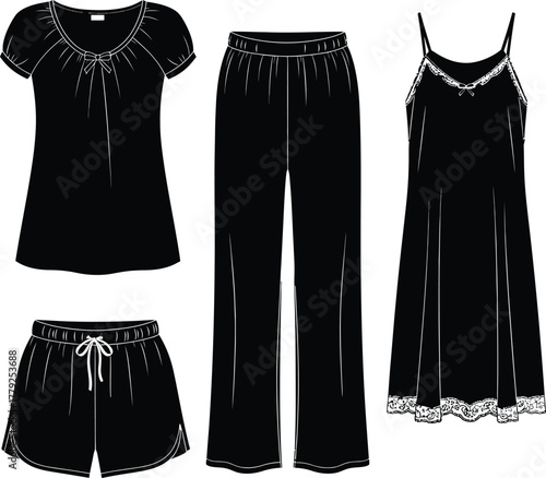 Women's sleepwear clothing collection vector flat sketch template featuring a short sleeve top, full-length pants, lace-trimmed nightgown, and drawstring shorts.