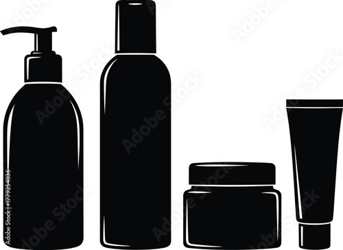 Black silhouette vector set of four beauty and personal care products: a pump dispenser bottle, a tall flip-top bottle, a cream jar, and a squeeze tube for packaging mockups.