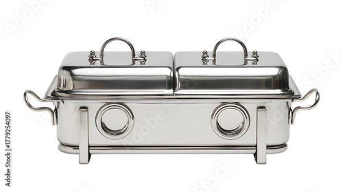 Stainless steel double chafing dish with lids isolated on transparent background.