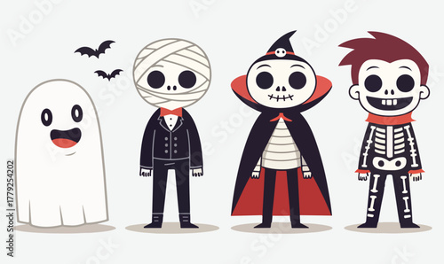 Cute Halloween Cartoon Characters – Ghost, Mummy, Vampire Skeleton, and Bat Friends