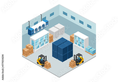 Isometric graphic illustration of a large modern industrial cold storage warehouse interior with forklifts, pallets, and refrigerated units, symbolizing efficient supply chain and logistics operations