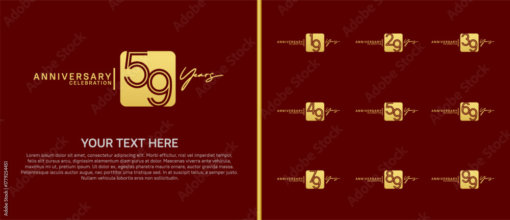 Fototapeta premium anniversary logo set with square. gold color on red background for celebration moment