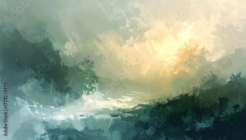 Tranquil Lakeside Vista A Serene Landscape Painting in Muted Greens and Soft Light