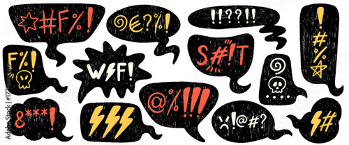 Hand drawn crayon speech bubbles with swear words. Chalk pencil communication frames with skull, curses, censored with symbols in crayon grunge style for negative expression, angry or bad mood.