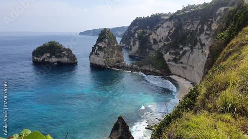 view of the coast of the island of Bali. Bali Diamond Beach on Nusa Penida, aerial view of the coast.