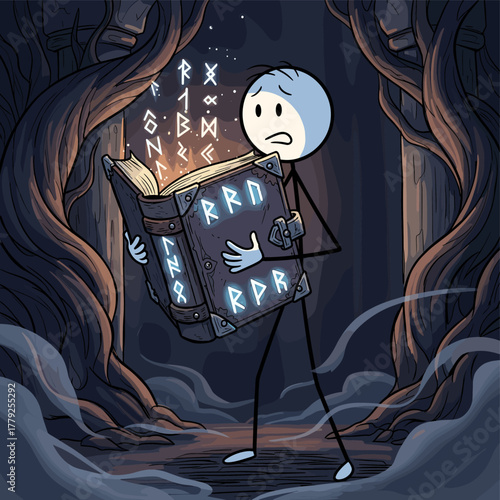 A stick figure character is reading an ancient, glowing book filled with magical runes and mystical symbols in a dark, enchanting forest