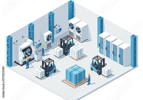 Isometric illustration of a modern smart factory floor, showing automated production and efficient logistics with forklifts and human workers